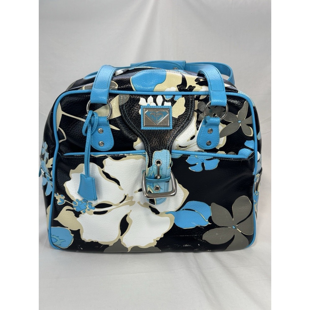 Vintage Y2K Roxy Travel Bowler Bag Black, Blue & White Hibiscus Flowers